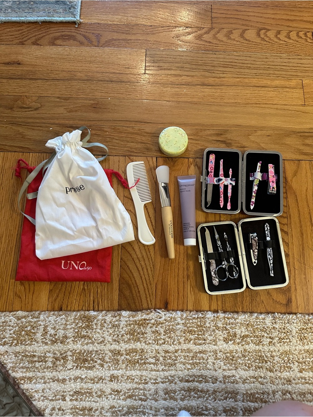 Manicure & Beauty Set with Floral Tools and Brushes - Pink, White, Natural Wood